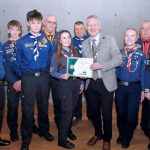 The Mayor of Waterford City & County, Cllr.Jason Murphy presents Waterford Scout County with their Overall Entry Honorary Mention certificate, included were, Pat O'Connor, Sean Hayes, County Commissioner, Pat Murphy, De La Salle, Brian Fanning, Sacred Heart, Ciara Walsh, James Rogers, Conor and Saoirse Pheasey and Kate Deegan.
