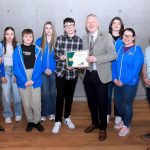 The Mayor of Waterford City & County, Cllr.Jason Murphy presents John Hayes Woodcarver with Waterford Comhairle na nÓg with their Overall Entry Honorary Mention certificate, included were, John Hayes, Evan and Clara Wemyss, Kaitlyn Coleman-Elliott, Naoise Phelan, Lily McCarthy, Aidan Hearne, and Amy Doherty.