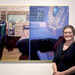 Catherine Barron with her painting Blue lucky at her WGOA exhibition launch