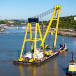 HEBO Lift 9 floating crane being towed by Dutch Power barge into Waterford Harbour