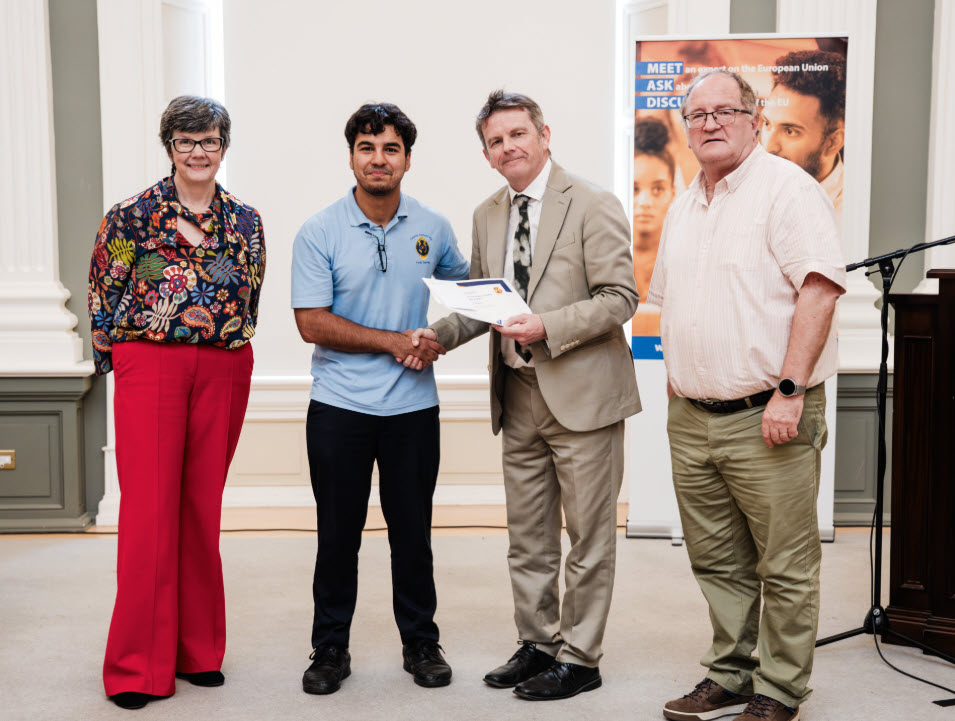Judging panel Professor Felicity Kelliher, Mr. Gerard Arthurs and Mr. Jim Linane with Hasib Zia, Wexford CBS, Winner of 17 & over category