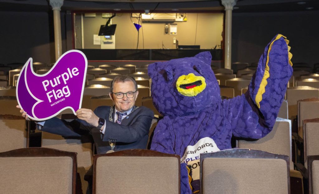 Mayor of Waterford City and County, Cllr. Seamus Ryan and Purple Flag mascot ‘Hoot’