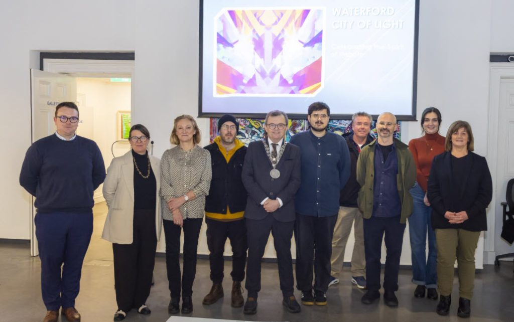 Keith Murphy, Claire Hartley and Ali Jay of Waterford City and County Council, artist Darragh Lyons, Mayor of Waterford City and County Cllr. Seamus Ryan, artist Vadim Taranenko, Trevor Moore SignPro, Luke Currall Waterford Gallery of Art, Laura Power Waterford Learning City, and Maureen Fitzsimons Waterford City and County Council